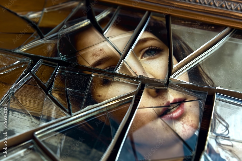 Shattered Mirror Reflecting Woman