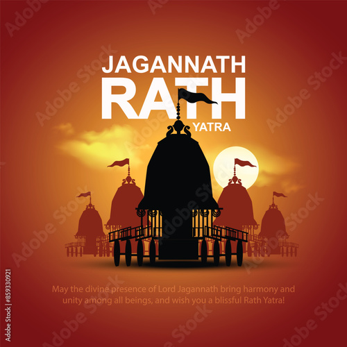 illustration of Lord Jagannath, Balabhadra and Subhadra on annual Ratha Yatra in Odisha festival background
 photo