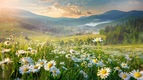 Summer landscape with daisies in grassy countryside.