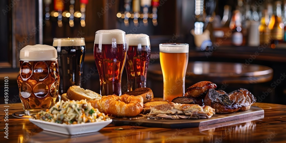 Traditional English pub food paired with a selection of ales and beers. Concept English Pub, Traditional Food, Ales, Beers, Food Pairing Traditional English pub food paired with a selection of ales and beers. Concept English Pub, Traditional Food, Ales, Beers, Food Pairing