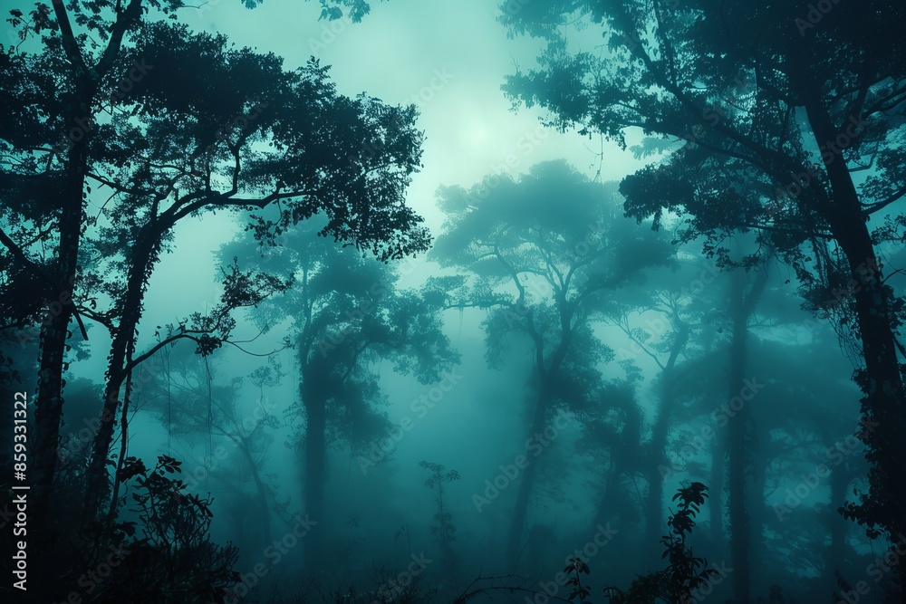 Obraz premium A forest with trees that are mostly bare and have a foggy atmosphere