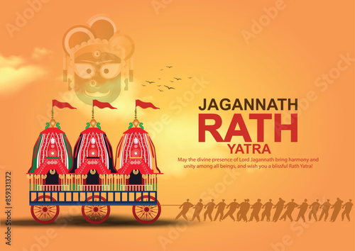 illustration of Lord Jagannath, Balabhadra and Subhadra on annual Ratha Yatra in Odisha festival background
