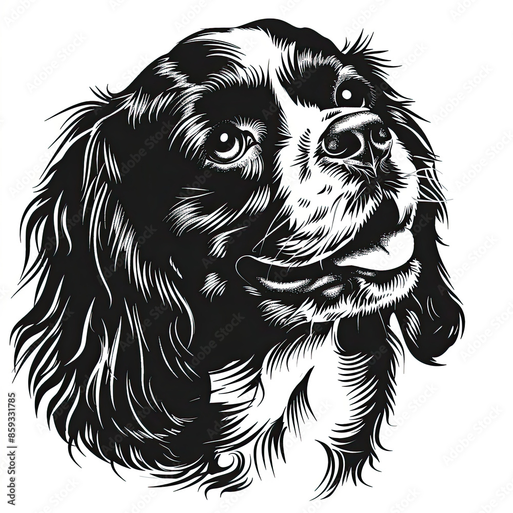A black and white drawing of a Cavalier King Charles Spaniel dog A black and white drawing of a Cavalier King Charles Spaniel dog