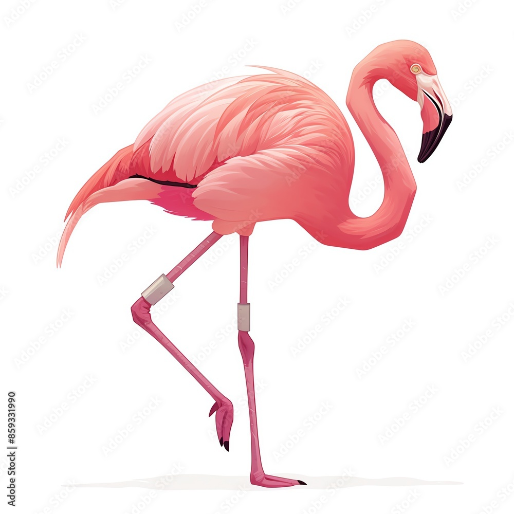 Fototapeta premium Elegant pink flamingo standing on one leg, showcasing vibrant plumage and natural beauty. Perfect for nature, wildlife, and tropical themed projects.