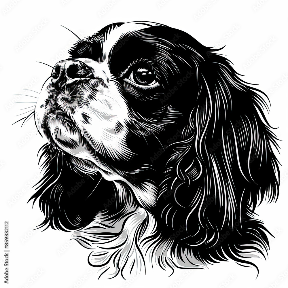 A black and white drawing of a Cavalier King Charles Spaniel dog A black and white drawing of a Cavalier King Charles Spaniel dog