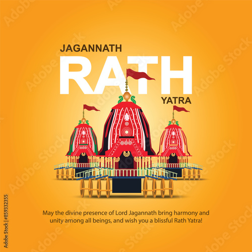 illustration of Lord Jagannath, Balabhadra and Subhadra on annual Ratha Yatra in Odisha festival background
