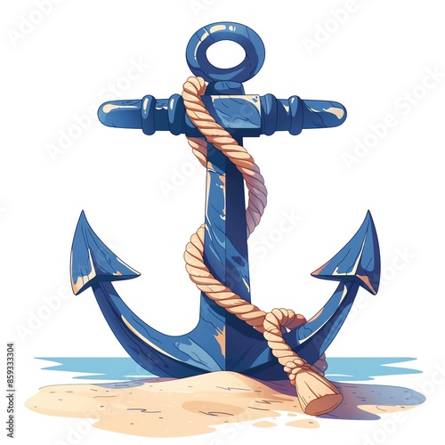 Illustration of a blue ship anchor with a rope, resting on the sandy shore, symbolizing stability and maritime themes. photo