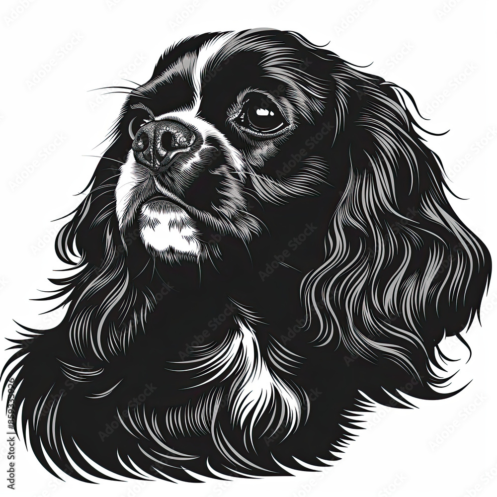 A black and white drawing of a Cavalier King Charles Spaniel dog A black and white drawing of a Cavalier King Charles Spaniel dog