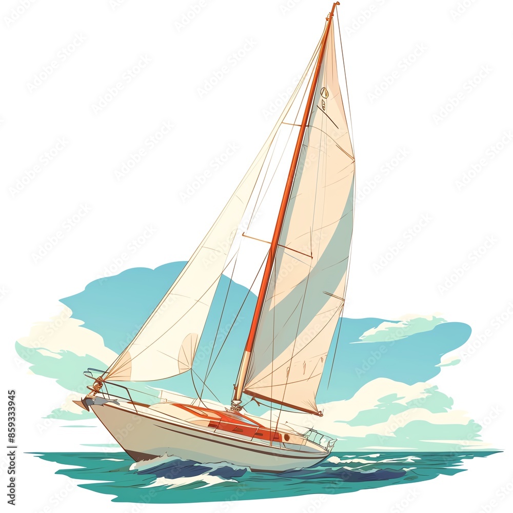 Fototapeta premium Illustration of a sailboat on the ocean with blue skies and white clouds, capturing the essence of sea adventure and freedom.