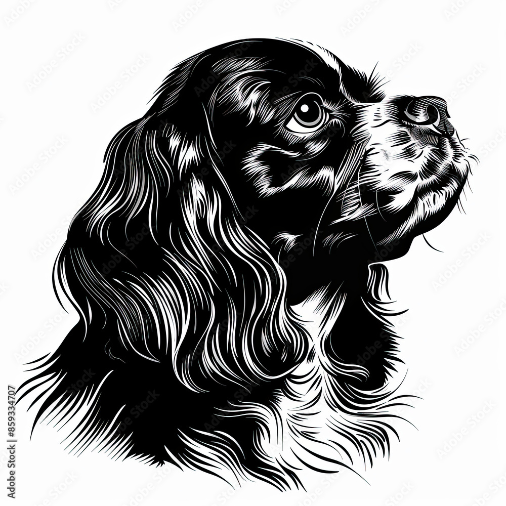 A black and white drawing of a Cavalier King Charles Spaniel dog A black and white drawing of a Cavalier King Charles Spaniel dog