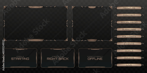 Live Stream Overlay Webcam Screen Frame and Stream Alert GUI Panels with Metallic Black and Brown Colored for Gaming and Video Streaming Platforms