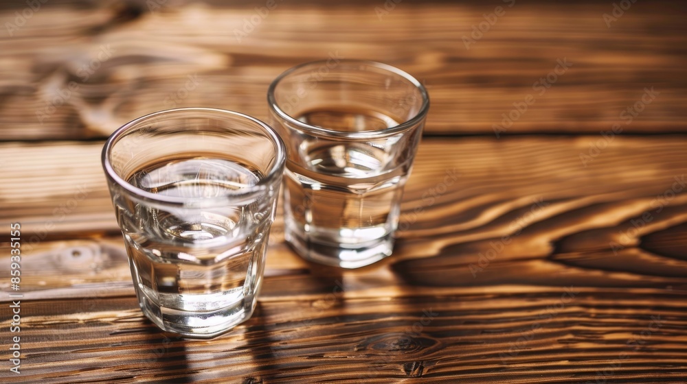 Vodka in shot glasses on wooden background