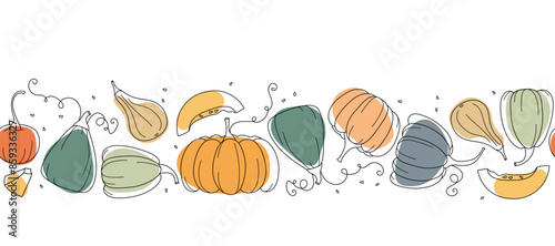 Seamless Pumpkin border. Hand drawn autumn vector backdrop. Line sketch on bright spots.