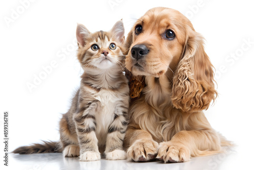 Spaniel puppy and kitten on a white background.