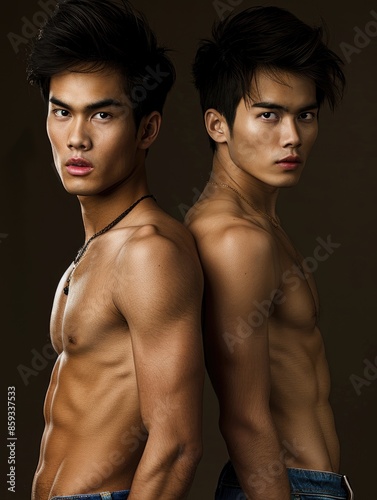Dual Strength Shirtless Young Men Showcasing Athletic Physiques