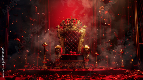 Dazzling crown on a throne, Glowing crown, King, Ruler, Copy space,Space for text,Generative AI,王座の上に眩い王冠、光り輝く王冠、キング、支配者Generative AI