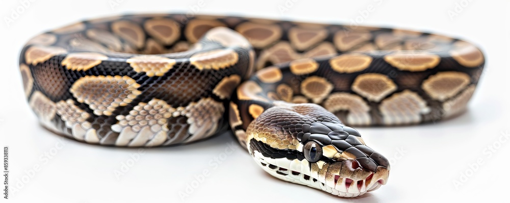 Obraz premium Ball python snake on white background, studio shot. Exotic reptile, wildlife and pet concept