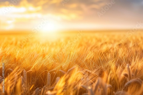 Golden wheat field illuminated by a warm sunset, capturing the essence of nature's beauty and the serenity of the countryside. © Jiraporn