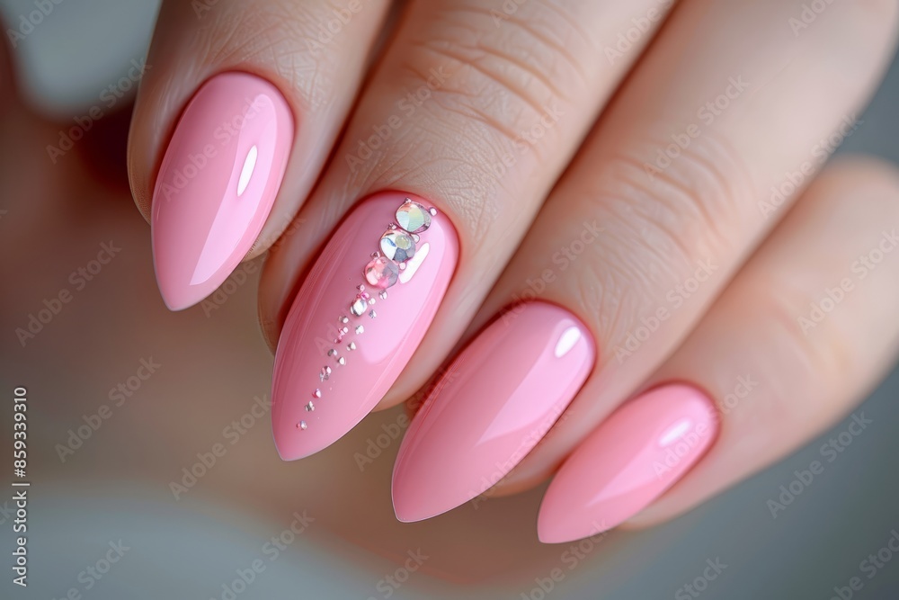 close-up of a hand with a beautiful cat manicure of pink pearl color on a light background, banner close-up of a hand with a beautiful cat manicure of pink pearl color on a light background, banner