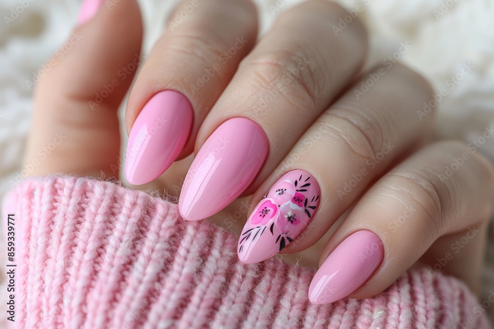 close-up of a hand with a beautiful cat manicure of pink pearl color on a light background, banner close-up of a hand with a beautiful cat manicure of pink pearl color on a light background, banner