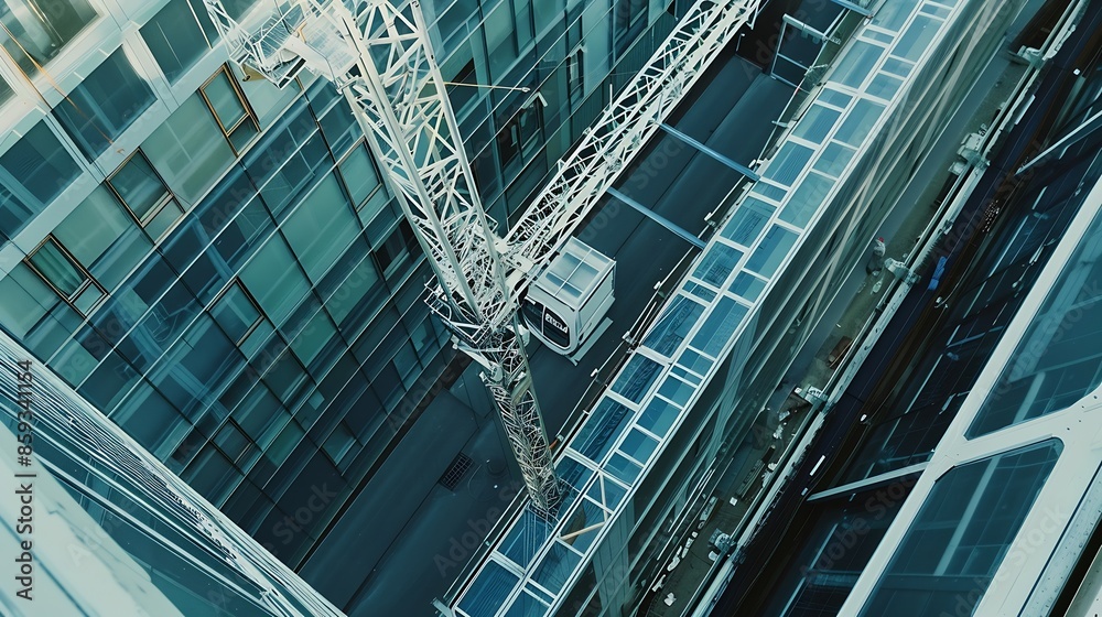Obraz premium White crane towers at a large construction site of a glass building : Generative AI