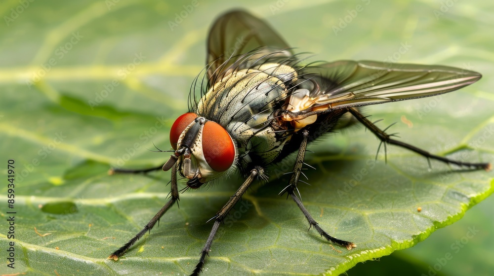 Close-up of a housefly on a leaf, macro photography. Insect and nature concept Close-up of a housefly on a leaf, macro photography. Insect and nature concept