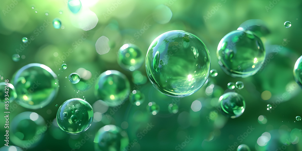 Aesthetic 3D visualization of floating spheres with a gradient from emerald green to forest green, creating a fresh and natural atmosphere