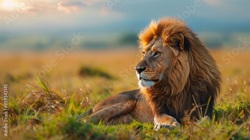 Big lion with a thick mane lying calmly on the grass.
