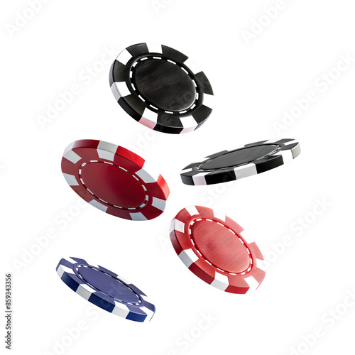 Colorful casino chips falling in the air, cut out