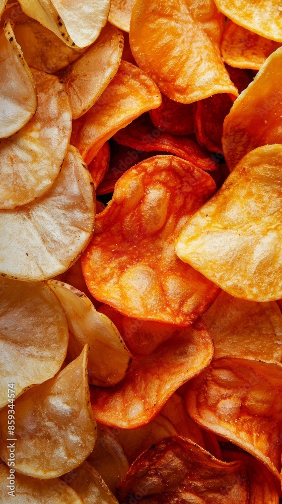 Close-up of assorted potato chips, salted and paprika-flavored. Snack food concept Close-up of assorted potato chips, salted and paprika-flavored. Snack food concept
