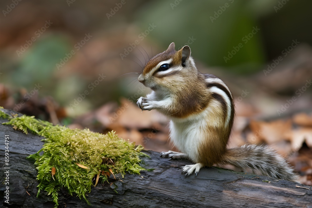 Obraz premium Chipmunk on mossy log blends with forest, engaged in natural woodland environment