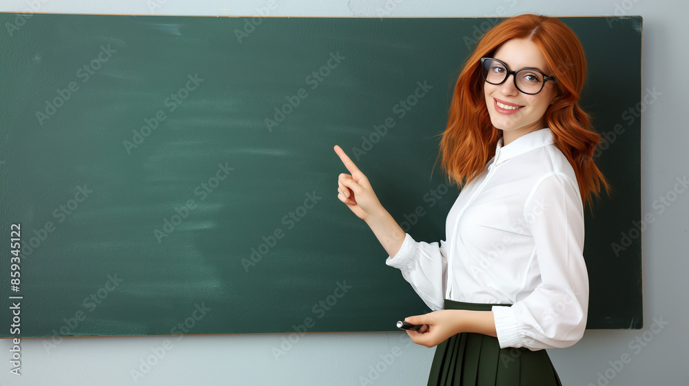 Young female teacher with red hair, wearing glasses and a white shirt, standing in front of a blackboard with a pointer in her hand. Smiling and looking at the camera