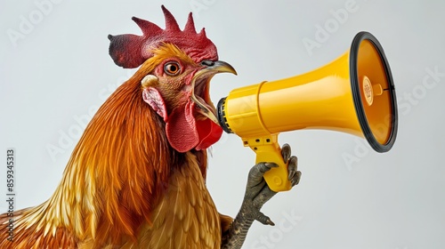 Rooster shouts into a yellow megaphone on an isolated on white background	 photo