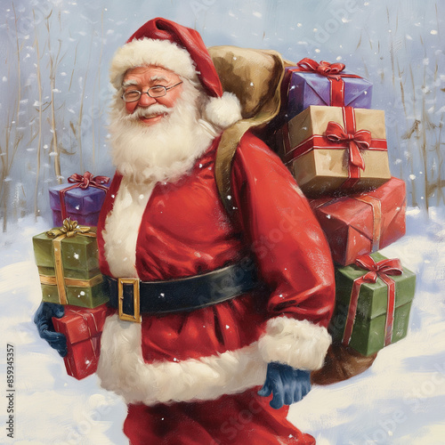 Festive Santa Claus with Gifts, Inspired Watercolor Christmas Art Design.  photo