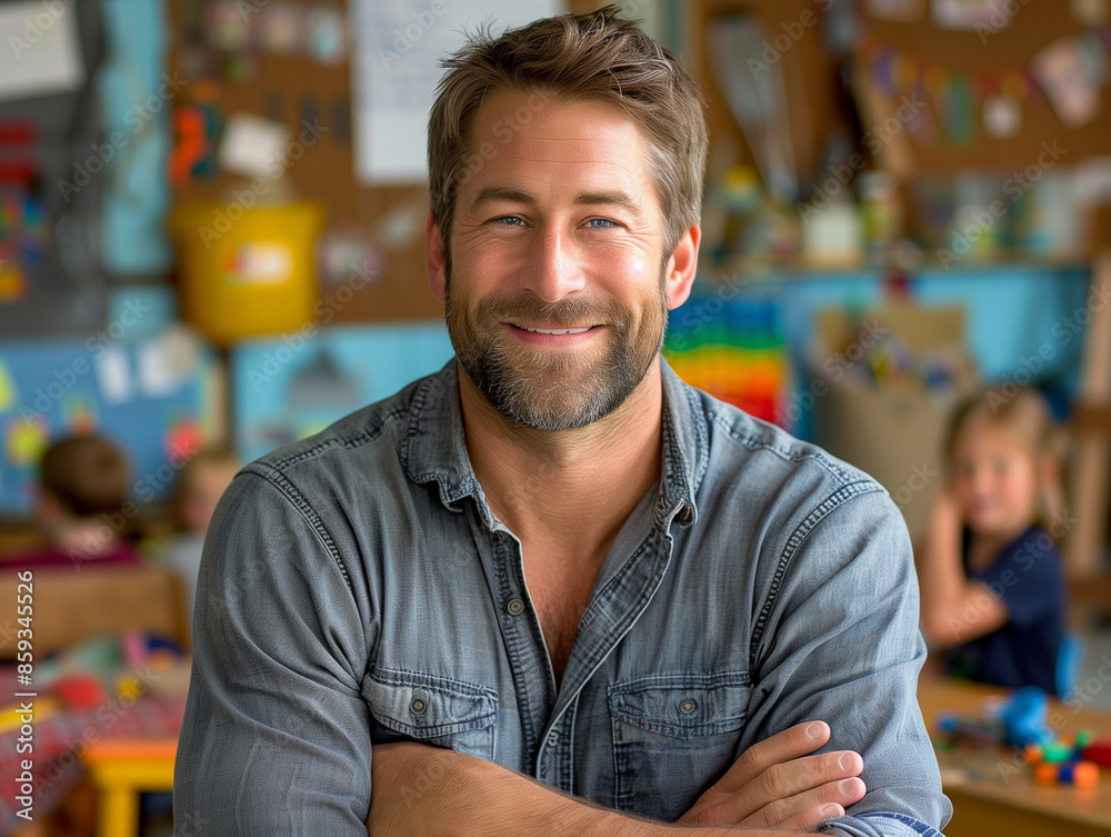 Fototapeta premium Smiling Male Teacher in Elementary School Classroom