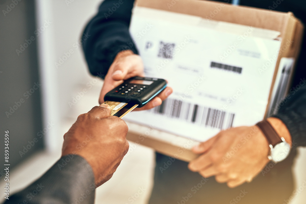Courier, hands and box with credit card for pos at front door for customer, payment or supply chain for shipping. People, package and fintech for ecommerce, cargo or transport for service with stock Courier, hands and box with credit card for pos at front door for customer, payment or supply chain for shipping. People, package and fintech for ecommerce, cargo or transport for service with stock