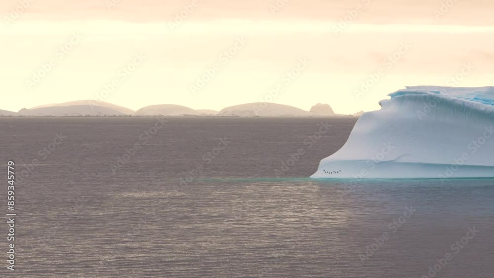 Antarctica Sail By Penguins on Iceberg Wide View at Sunset Yellow Golden Light Nature Wildlife Beautiful Landscape Climate Change Antarctica Sail By Penguins on Iceberg Wide View at Sunset Yellow Golden Light Nature Wildlife Beautiful Landscape Climate Change