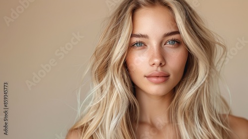 A young blonde woman with pronounced freckles and captivating blue eyes is portrayed in soft, ambient lighting, highlighting her serene expression and natural beauty, creating an ethereal image.