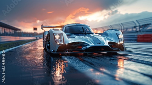 A futuristic sports car racing on a modern track photo