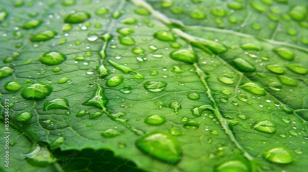 Sparkling rain drops covering the surface of a large green leaf : Generative AI Sparkling rain drops covering the surface of a large green leaf : Generative AI