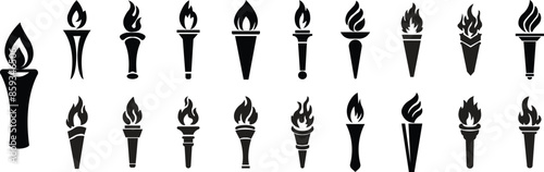 Torch and flames icons Set in fill styles. The symbols of victory, success or achievement. Olympic burning torch in the Eiffel Tower. World Games for apps, websites isolated on transparent background.