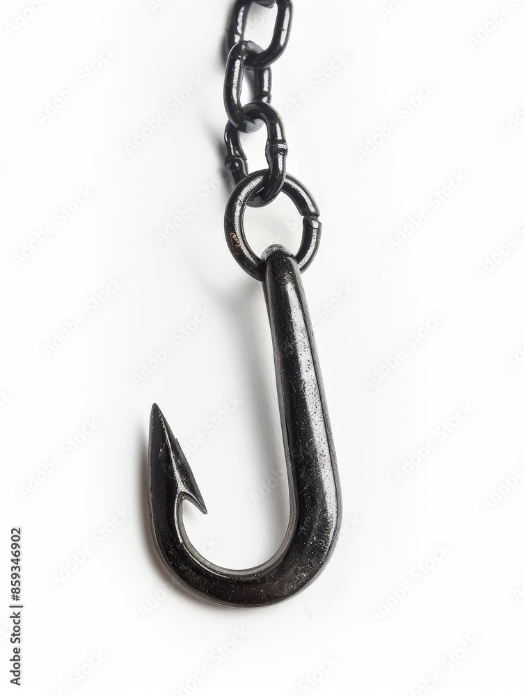 Black Metal Hook Attached to Chain on white background Black Metal Hook Attached to Chain on white background