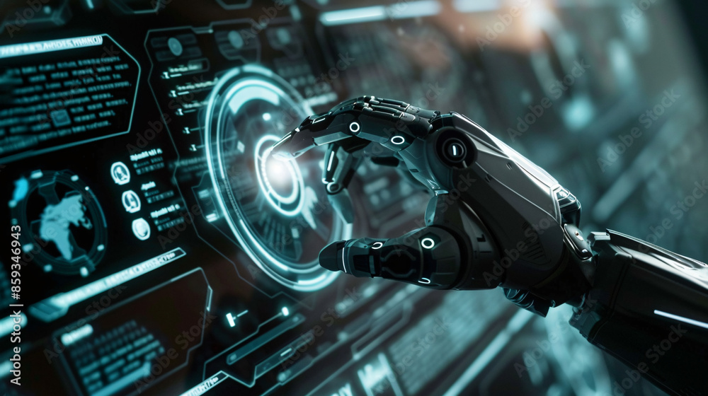 Robot hand pressing on virtual digital screen hologram interface Robot hand pressing on virtual digital screen hologram interface