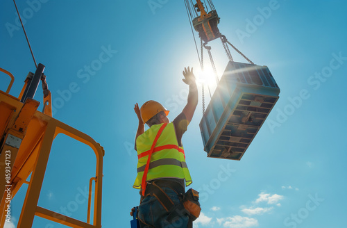 rigger,worker on a construction site,hand gesture to a crane