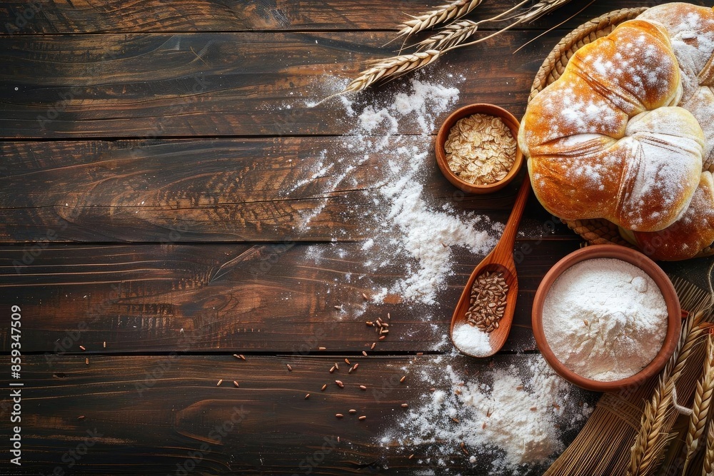 Rustic bakery scene with freshly baked bread, flour, and ingredients on a wooden background, perfect for food-related designs and projects. Rustic bakery scene with freshly baked bread, flour, and ingredients on a wooden background, perfect for food-related designs and projects.