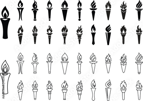 Torch and flames icons Set flat, line styles. The symbols of victory, success or achievement. Olympic burning torch in Eiffel Tower. World Games for apps, website isolated on transparent background.