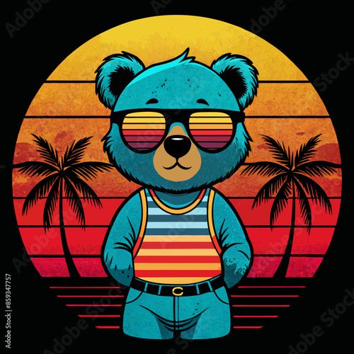 vector t-shirt design vintage retro sunset distressed black style design, a cute teddy bear wearing sunglasses