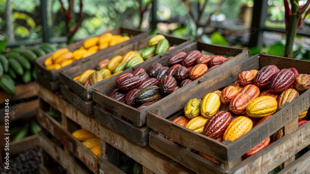 A captivating array of fresh cocoa pods in various colors placed in wooden crates at a local market, reflecting their diverse shapes and rich textures under natural light.