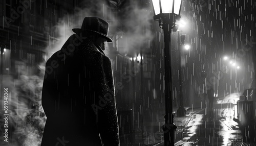 A figure in a coat and hat on a dark, rainy street under a vintage streetlight, creating a noir atmosphere AIG58 photo