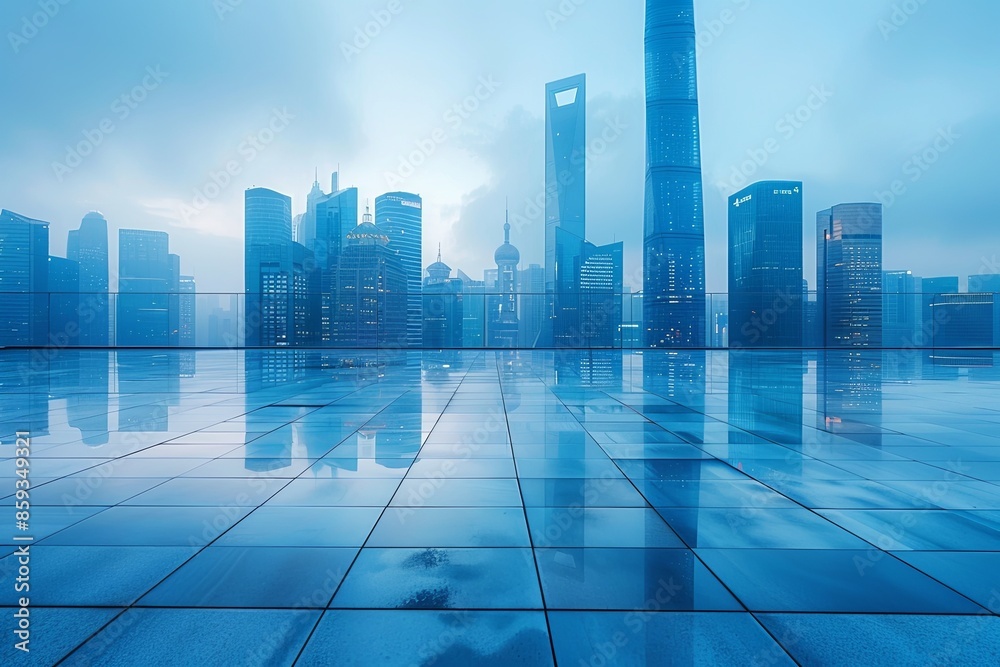 Modern city skyline with skyscrappers and reflection created with Generative AI Modern city skyline with skyscrappers and reflection created with Generative AI